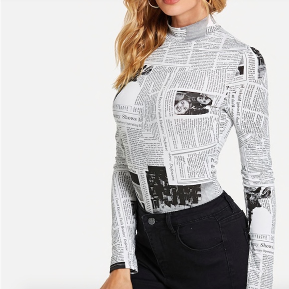 Printed Newspaper Stretch MockNeck Long Sleeve Top - Picture 3 of 6